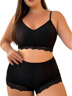 Women Plus Size Contrast Lace Sexy Lingerie Set V Neck Wireless Bra and High Waist Panty 2 Piece Set