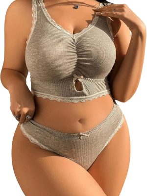 Women Plus Size Bow Lace Bralette Lingerie Set bra and panty sets