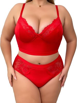 Women Plus Size 2 Piece Lingerie Set Floral Sexy Mesh Sheer V Neck 3/4 Cup Lace Outfits See Through Panty Bra
