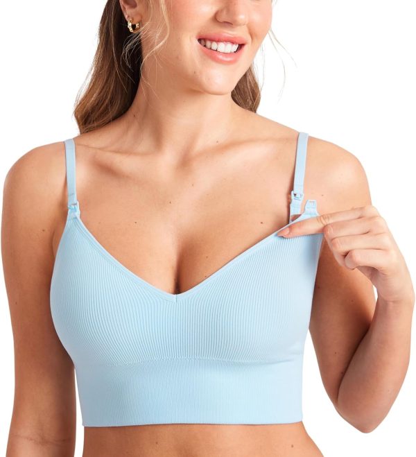 Ribbed Wireless Nursing Bras for Breastfeeding Longline Maternity Sleep Bra V Neck Comfort