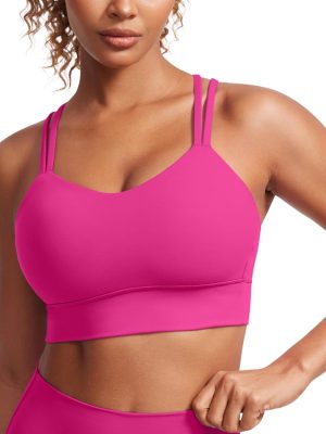 Womens  Strappy Longline Sports Bra - Molded Cup Double Spaghetti Strap Workout Bra Yoga Crop Tank Top