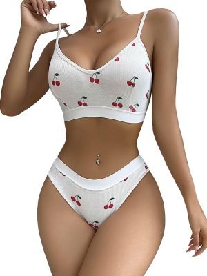 Women 2 Piece Ribbed Bra and Panty Sets Wireless Bralettes Thong Underwear