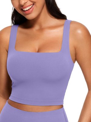 Womens Square Neck Longline Sports Bra - Workout Crop Tank Tops Padded with Built in Shelf Yoga Bra